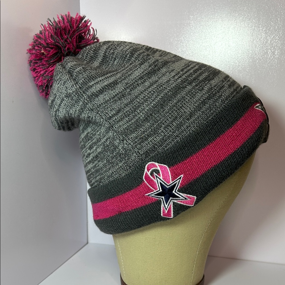 NFL Cowboys Football Cancer Awareness Ribbon Gray and Pink Knit Beanie Poof Ball